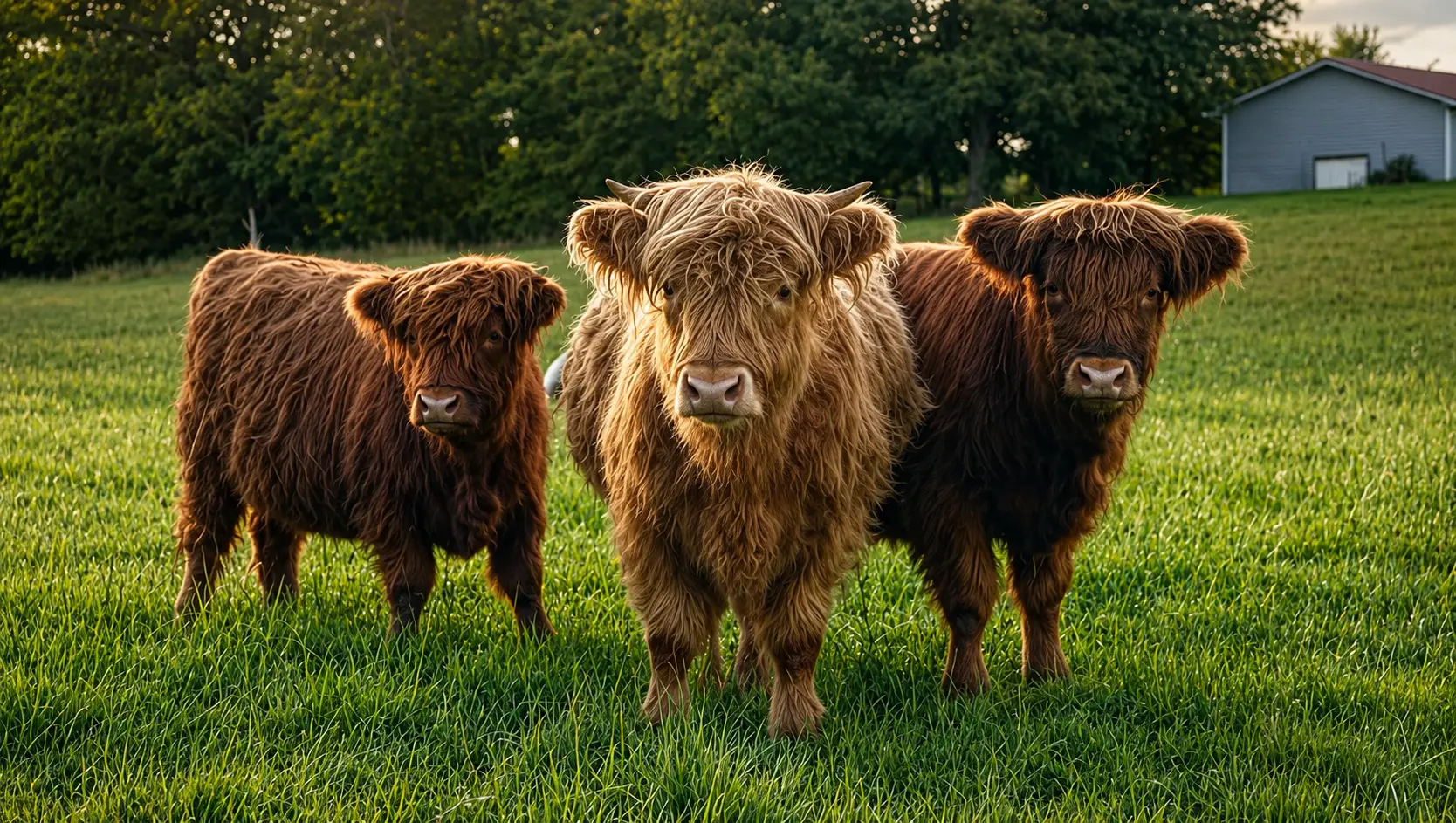 Scottish Highland cows Reba, Dolly, and Jolene at Faith Farm in Church Hill, Tennessee