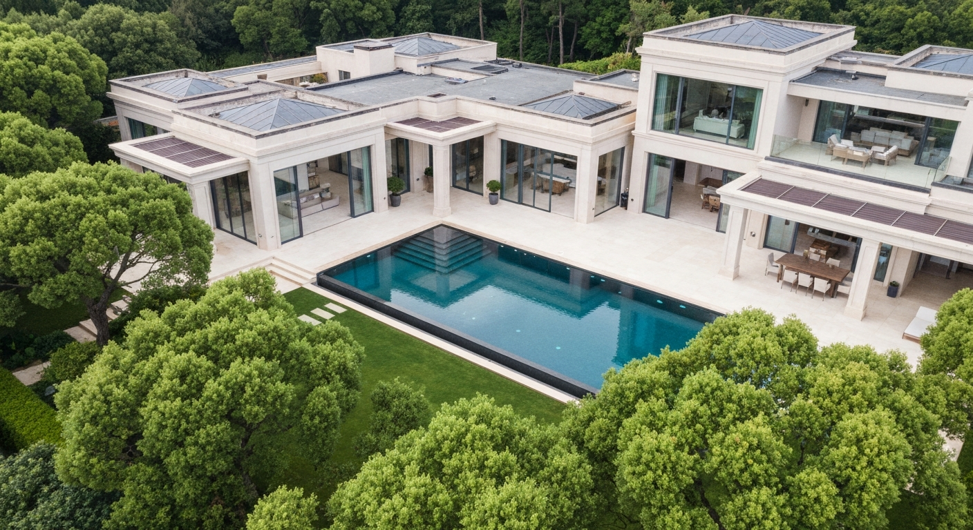 Cinematic drone photo of luxury estate