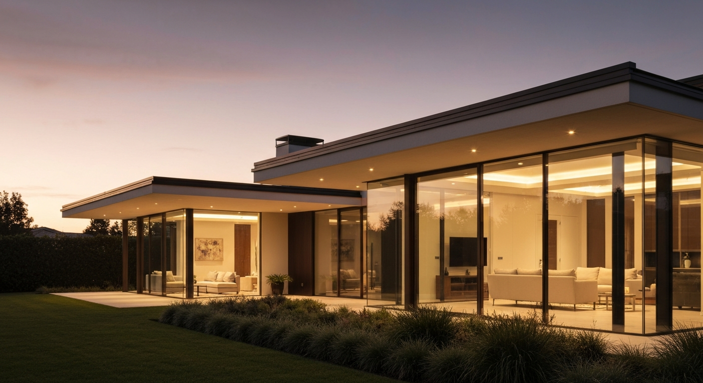Luxury modern home exterior at twilight