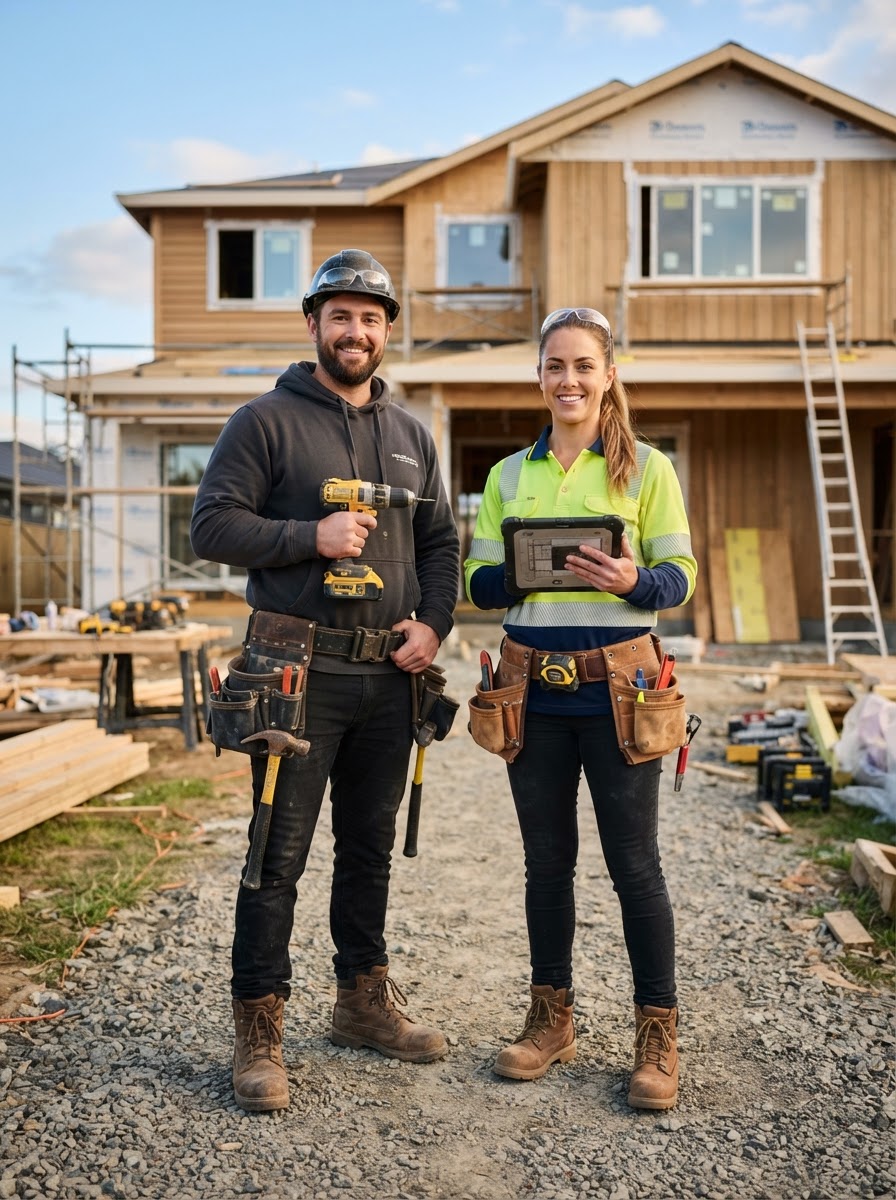 Male and female home service professionals working together in the field