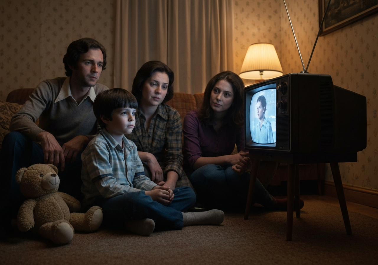 A young boy watching the evening news with his family