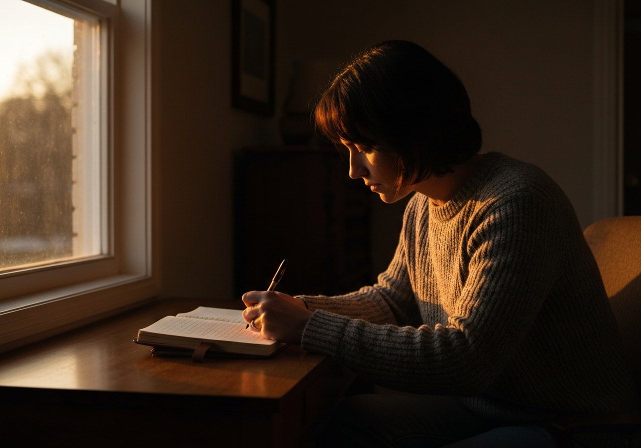 A person writing a promise at a desk at dusk, reflective and purposeful