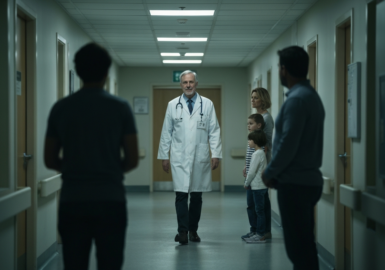 A compassionate physician walking to speak with a waiting family