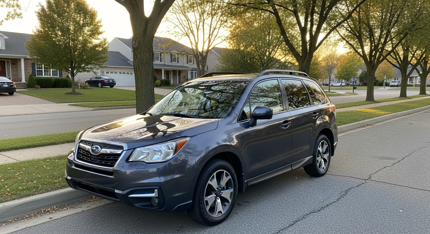 Glossy dark grey Subaru Forester with ceramic coating reflecting street lights