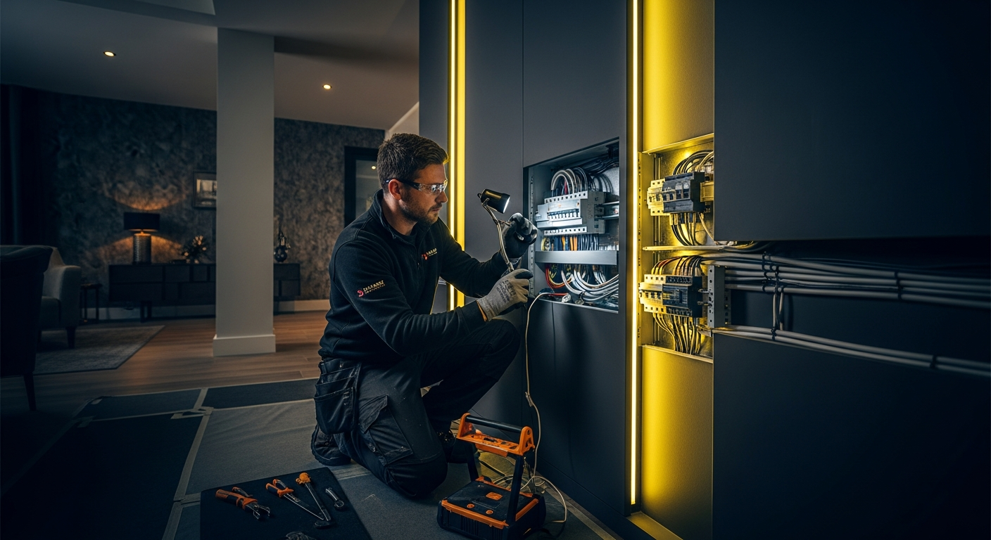 Professional electrician working on modern installation