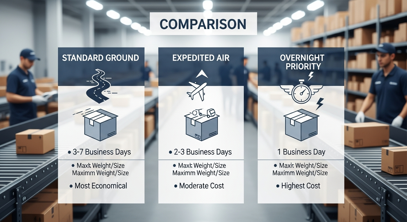 Comparison infographic of UPS, FedEx, and USPS shipping carriers