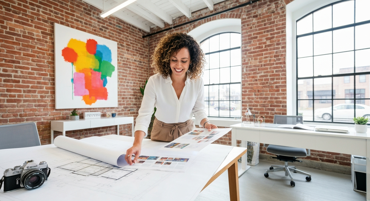 Small business owner reviewing printed marketing materials