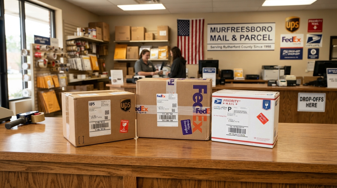 PostalAnnex Murfreesboro staff receiving and logging incoming delivery boxes safely