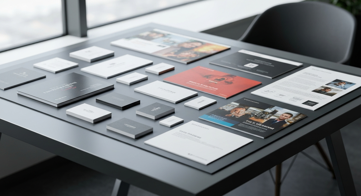 Assortment of high-quality printed materials including business cards and brochures