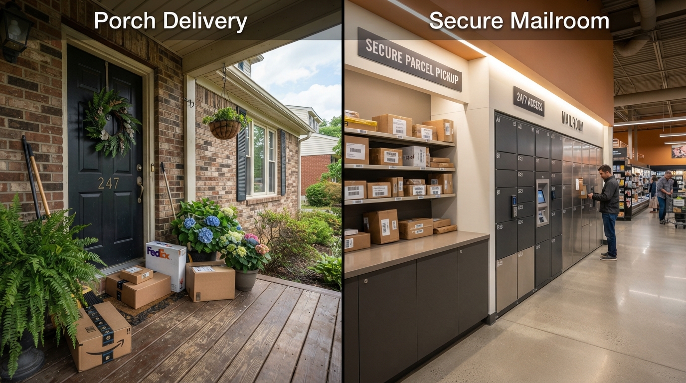 Comparison of home porch package delivery vs secure indoor private mailbox receiving
