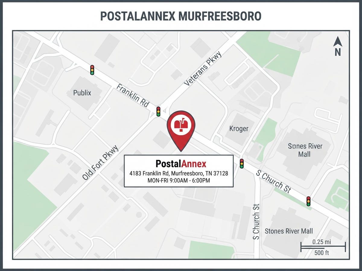 Map showing PostalAnnex Murfreesboro location at 4183 Franklin Rd