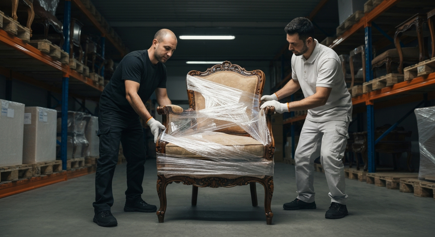 Professional movers wrapping a valuable antique chair