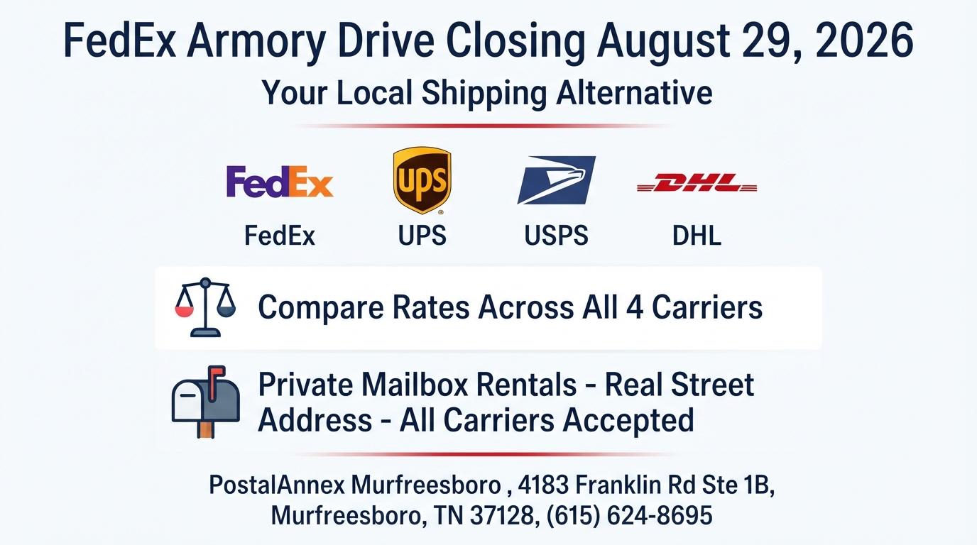 FedEx Armory Drive closing August 29 2026 — PostalAnnex Murfreesboro shipping alternative infographic showing FedEx, UPS, USPS, and DHL carrier comparison and private mailbox services