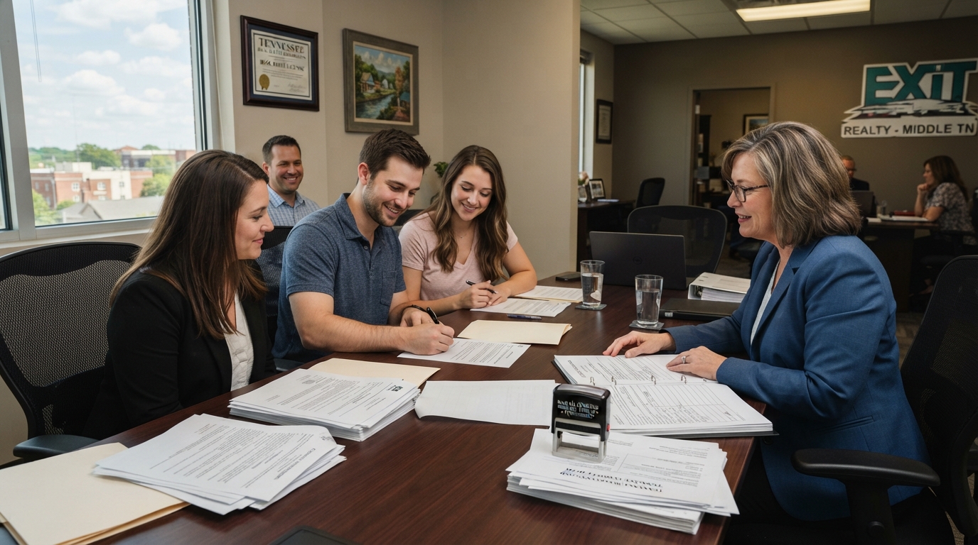 Mobile notary at a real estate closing with deed documents and notary stamp in Murfreesboro