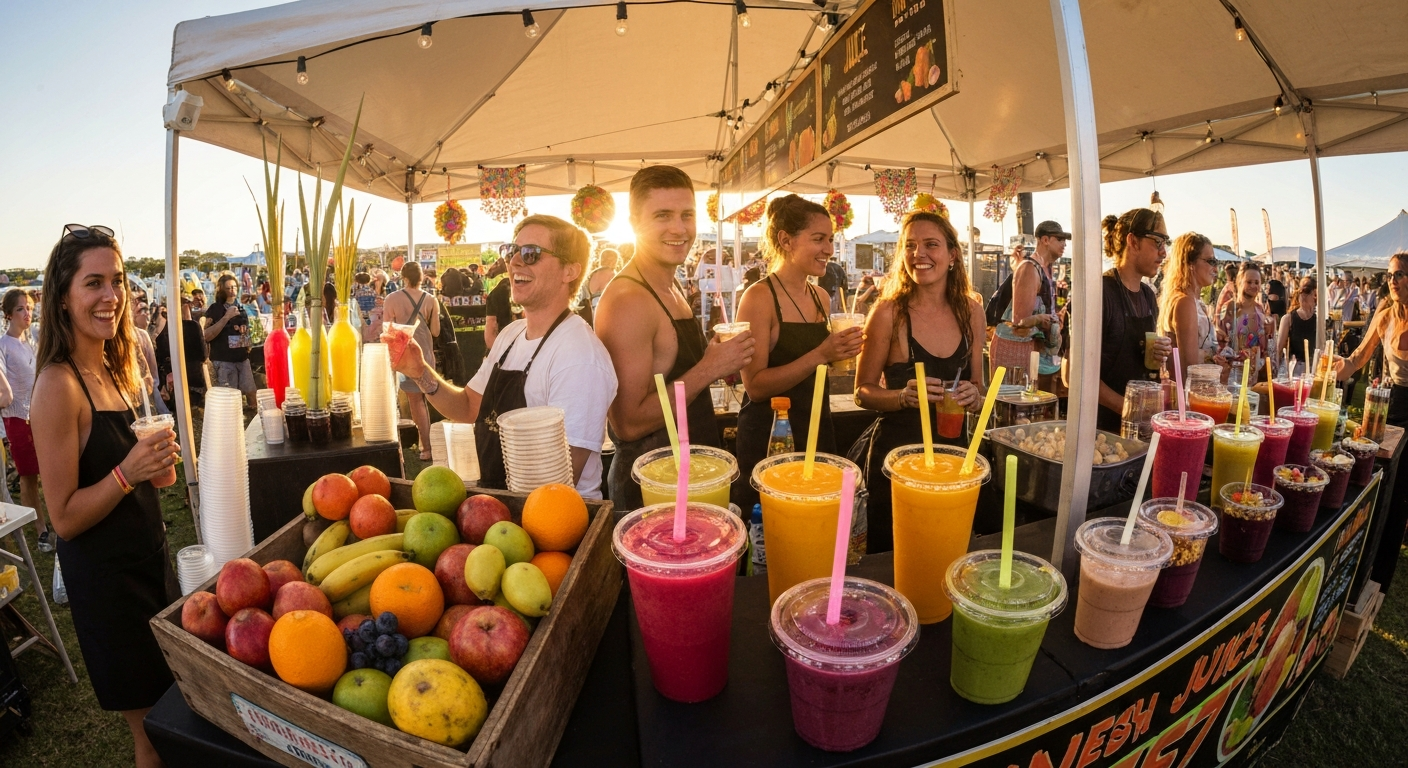 Mia Cane juice bar pop-up at a festival serving fresh sugarcane juice, smoothies, and açaí bowls