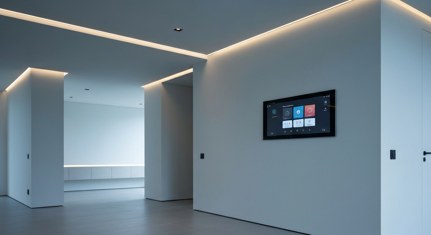 Flush-mounted wall touch panel showing a custom automation interface