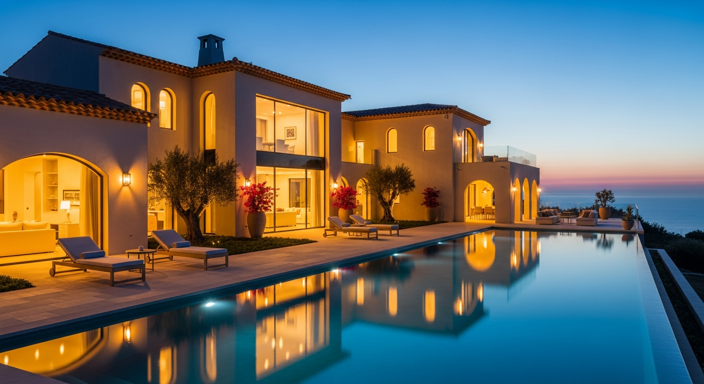 Luxury modern Mediterranean villa under twilight lighting