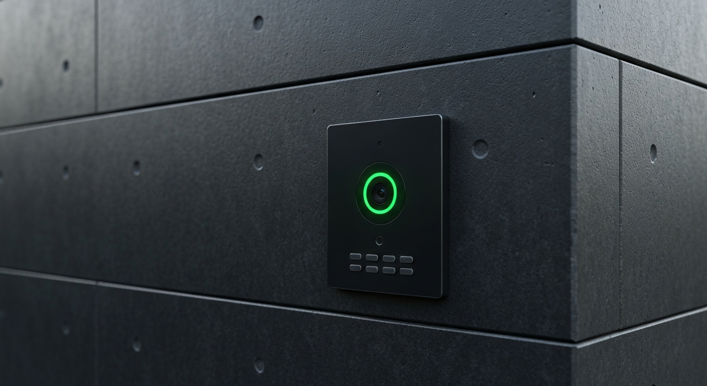 Sleek flush-mounted biometric intercom panel on a concrete estate wall
