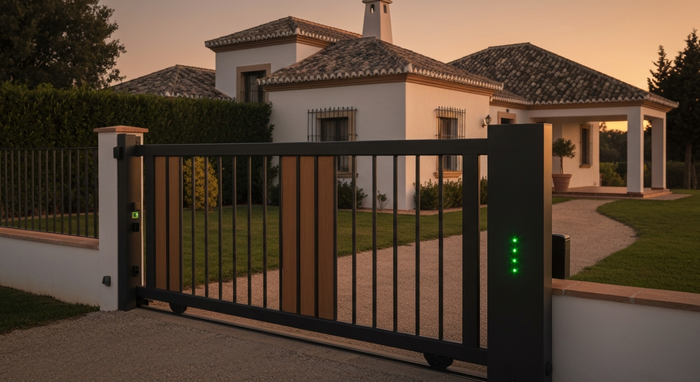 Sleek modern electric gate sliding open at a luxury Spanish villa