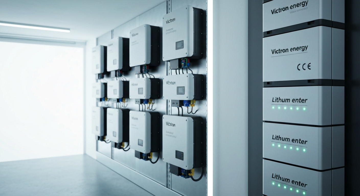 Industrial-chic technical display of Victron Energy inverters and lithium batteries
