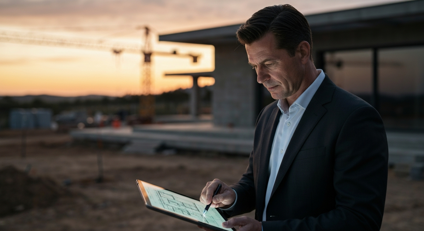 Technical project manager reviewing blueprints on a luxury villa construction site