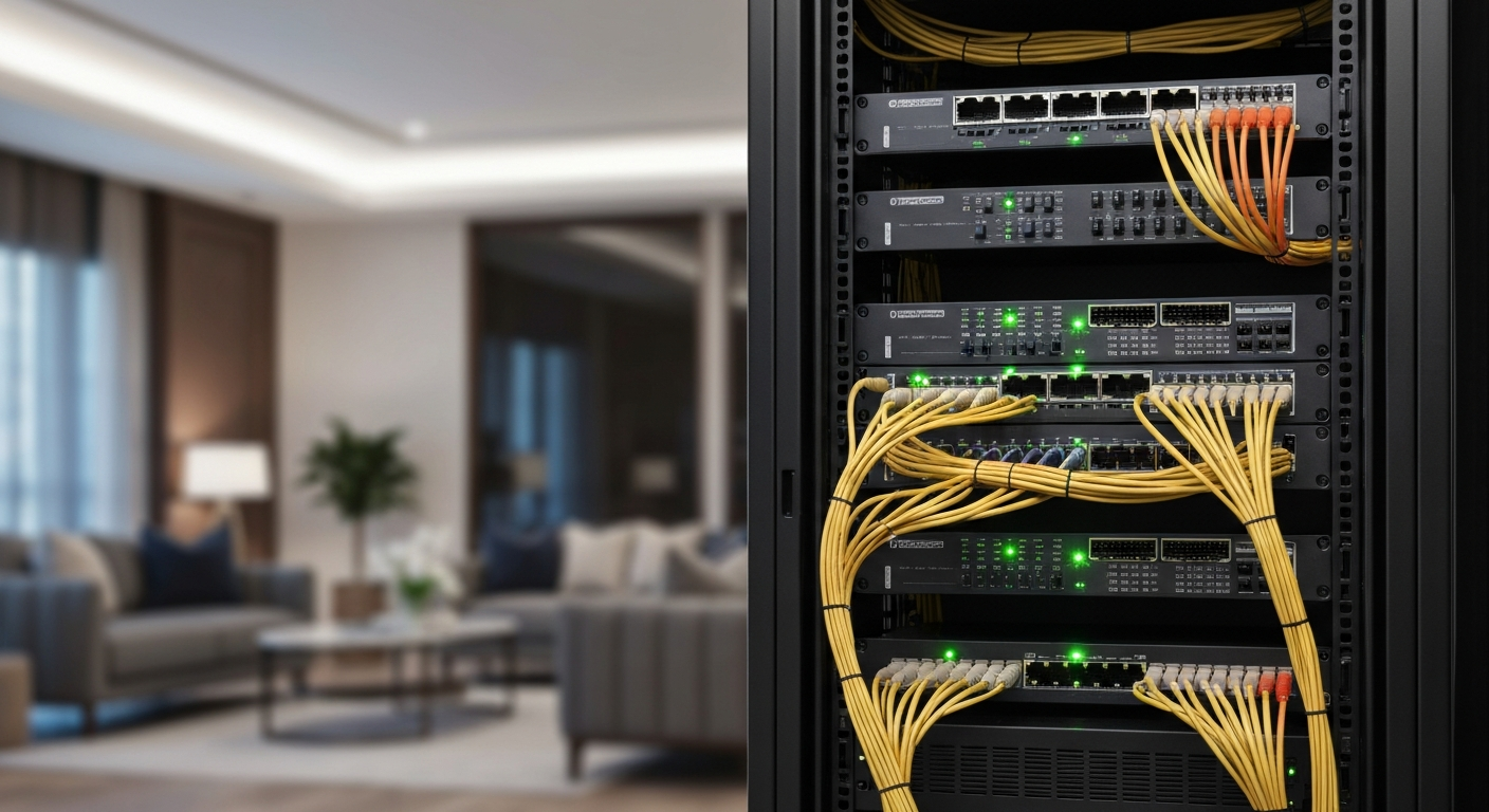 Enterprise-grade managed Wi-Fi network rack in a luxury estate