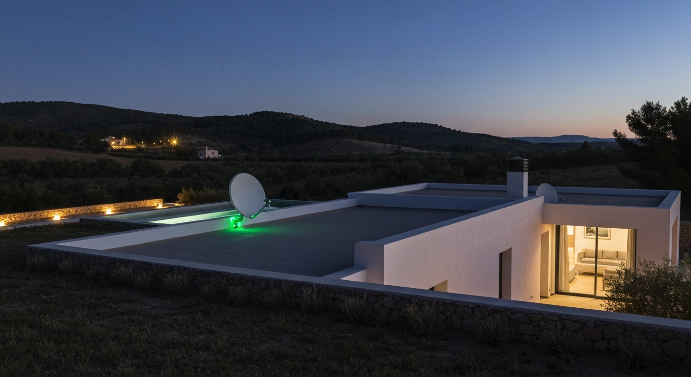Discreet satellite dish mounted on a luxury rural villa