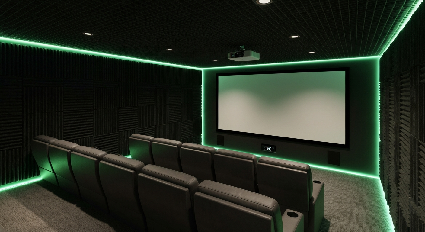 Luxury cinema room with custom acoustic treatments and Dolby Atmos