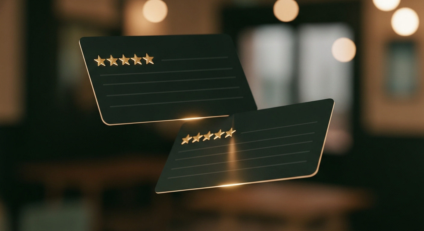 Floating five-star review cards with champagne gold glow