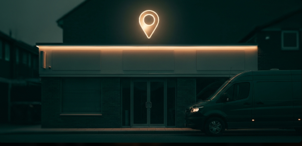 Local business storefront with glowing gold map pin