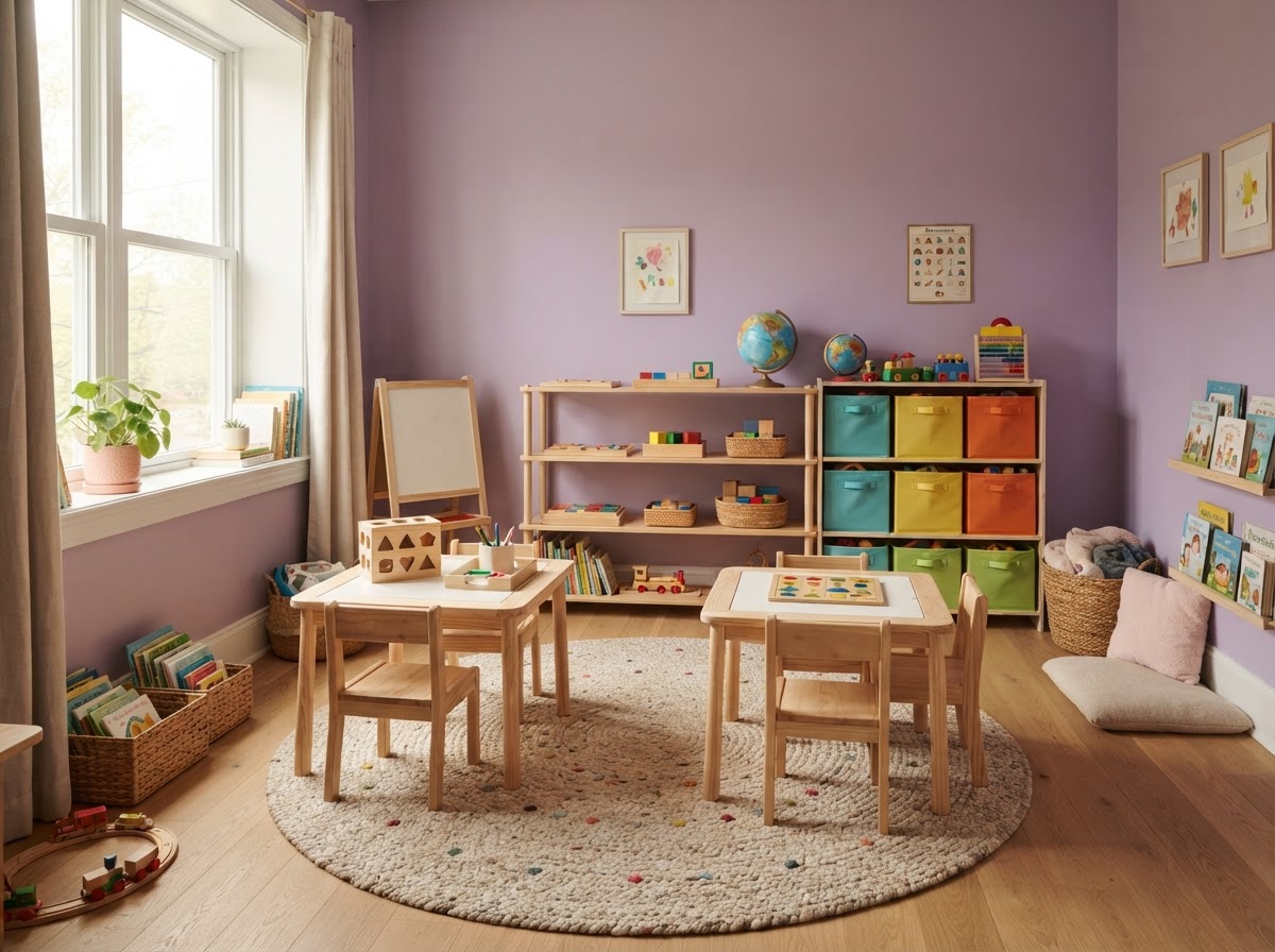 Dressing frames and food preparation materials in a Montessori classroom