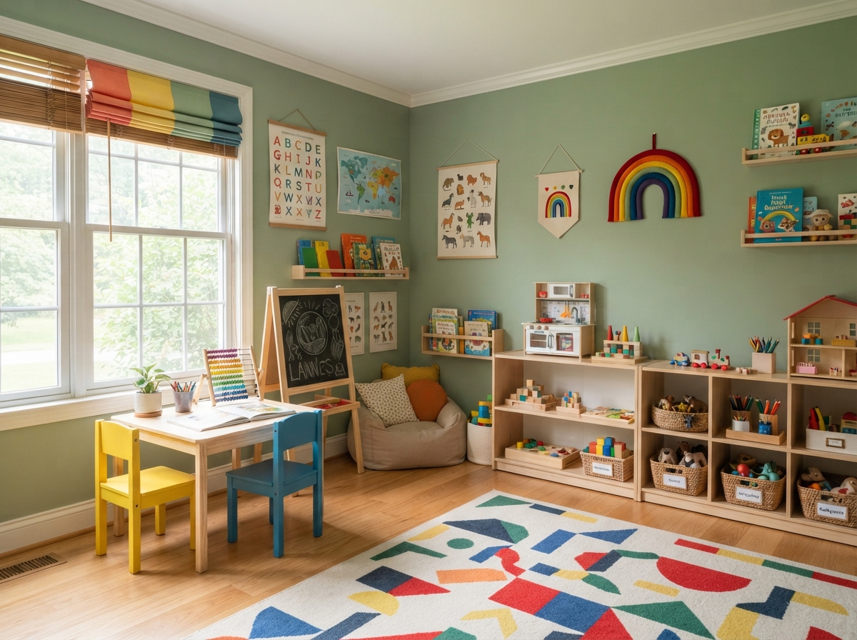 Sensorial materials including color tablets and knobbed cylinders in a Montessori classroom