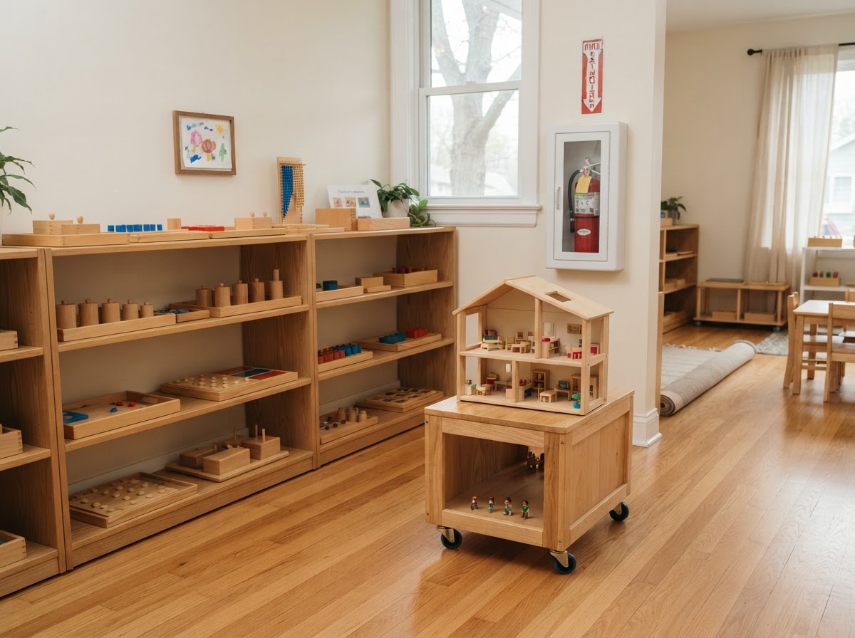 Land and water form trays and puzzle maps in a Montessori classroom