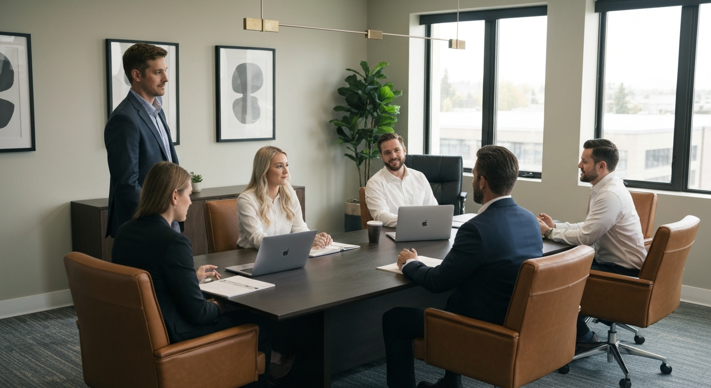 Business meeting in a modern Kelowna office discussing financial planning and commercial real estate