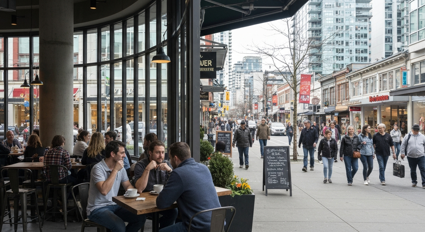 Bustling modern cafe and retail street in Vancouver BC representing small business investment