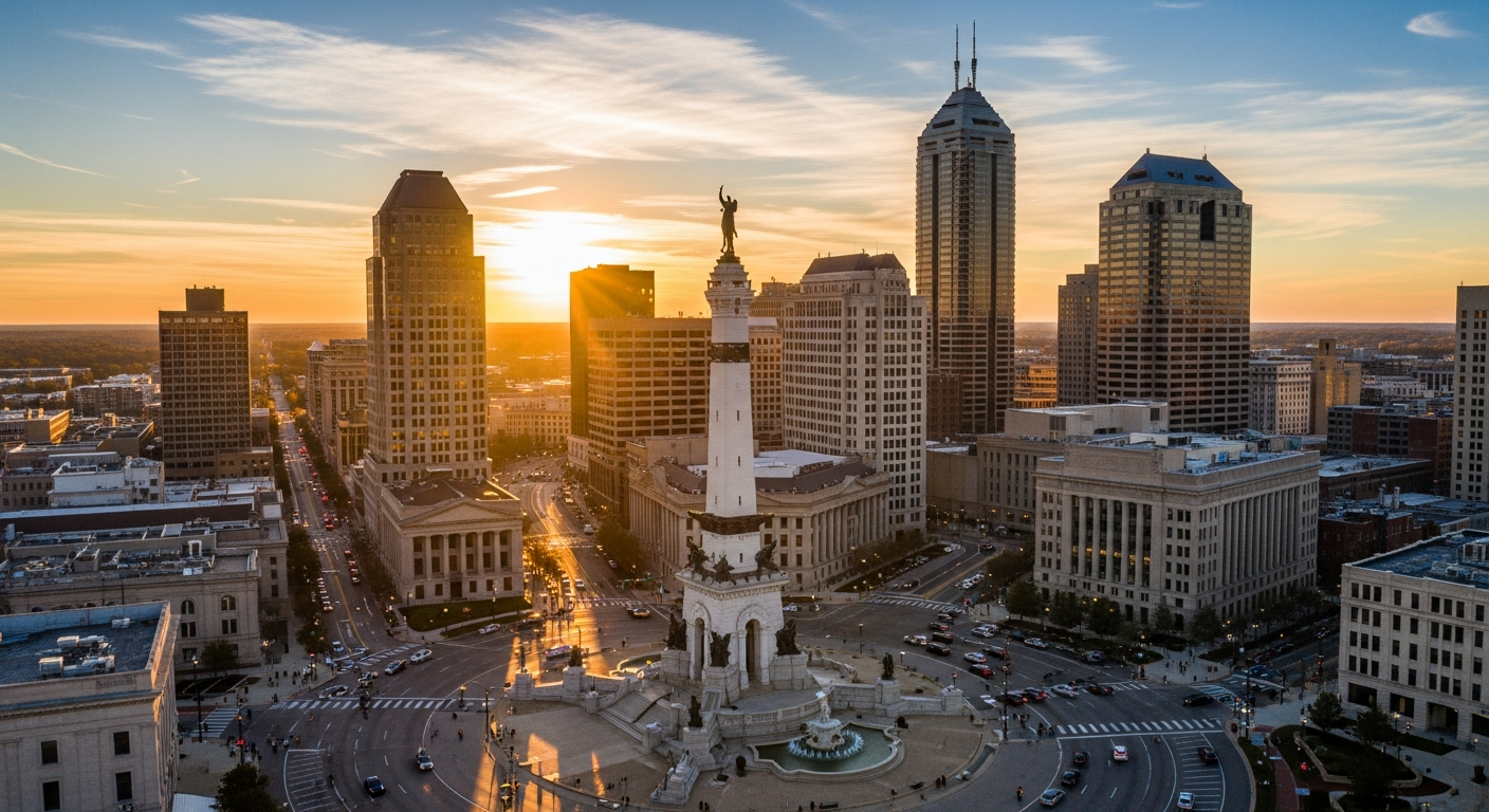 Aerial view of Monument Circle in Indianapolis