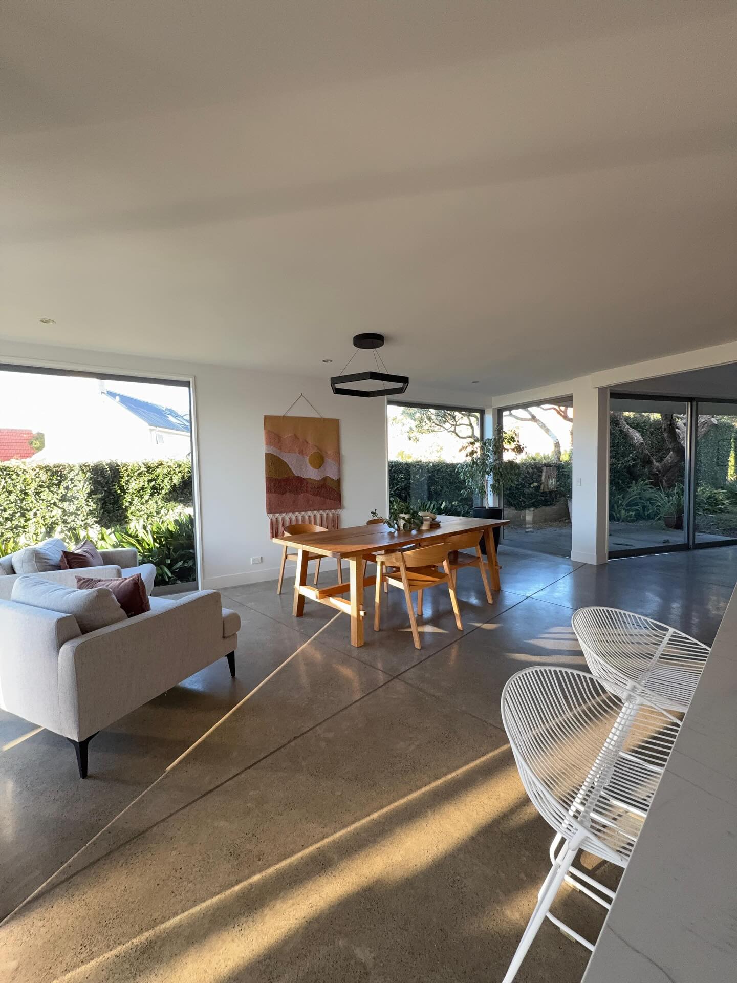 Modern dining area with large windows