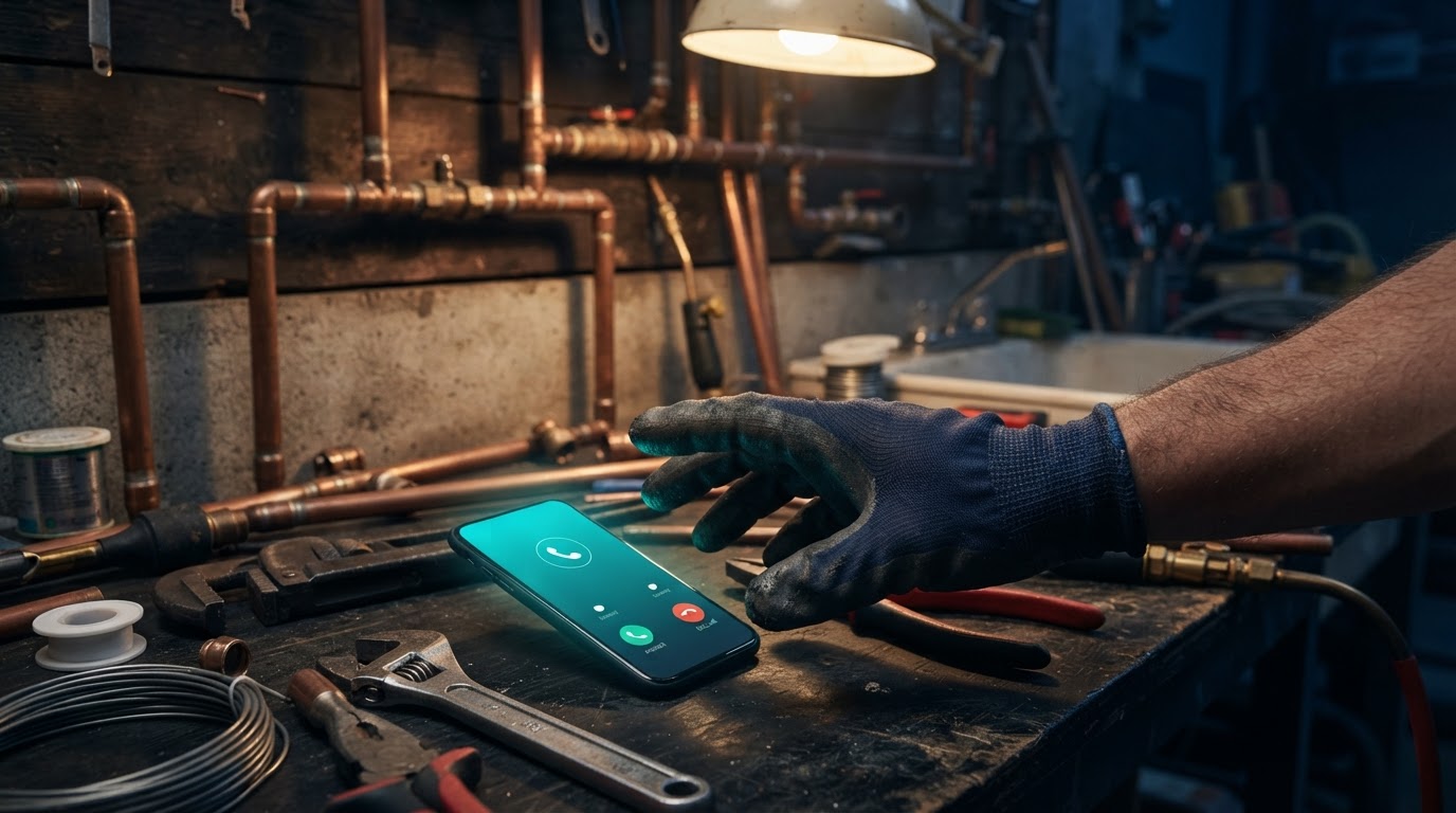 Gloved hand reaching toward a ringing phone but not quite reaching it, with tools and a half-finished job in the background
