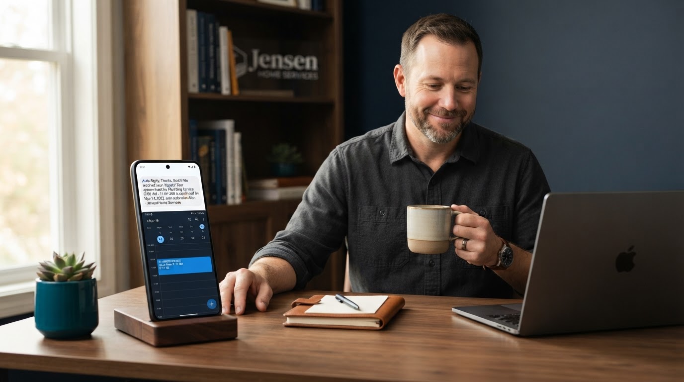 Relaxed business owner working while an automatic text reply goes out and a new job lands on a calendar