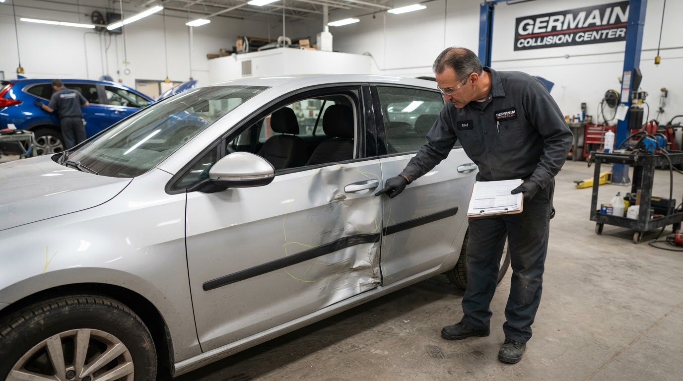 Car door damaged after a side-impact collision requiring auto body repair in Gardena, CA
