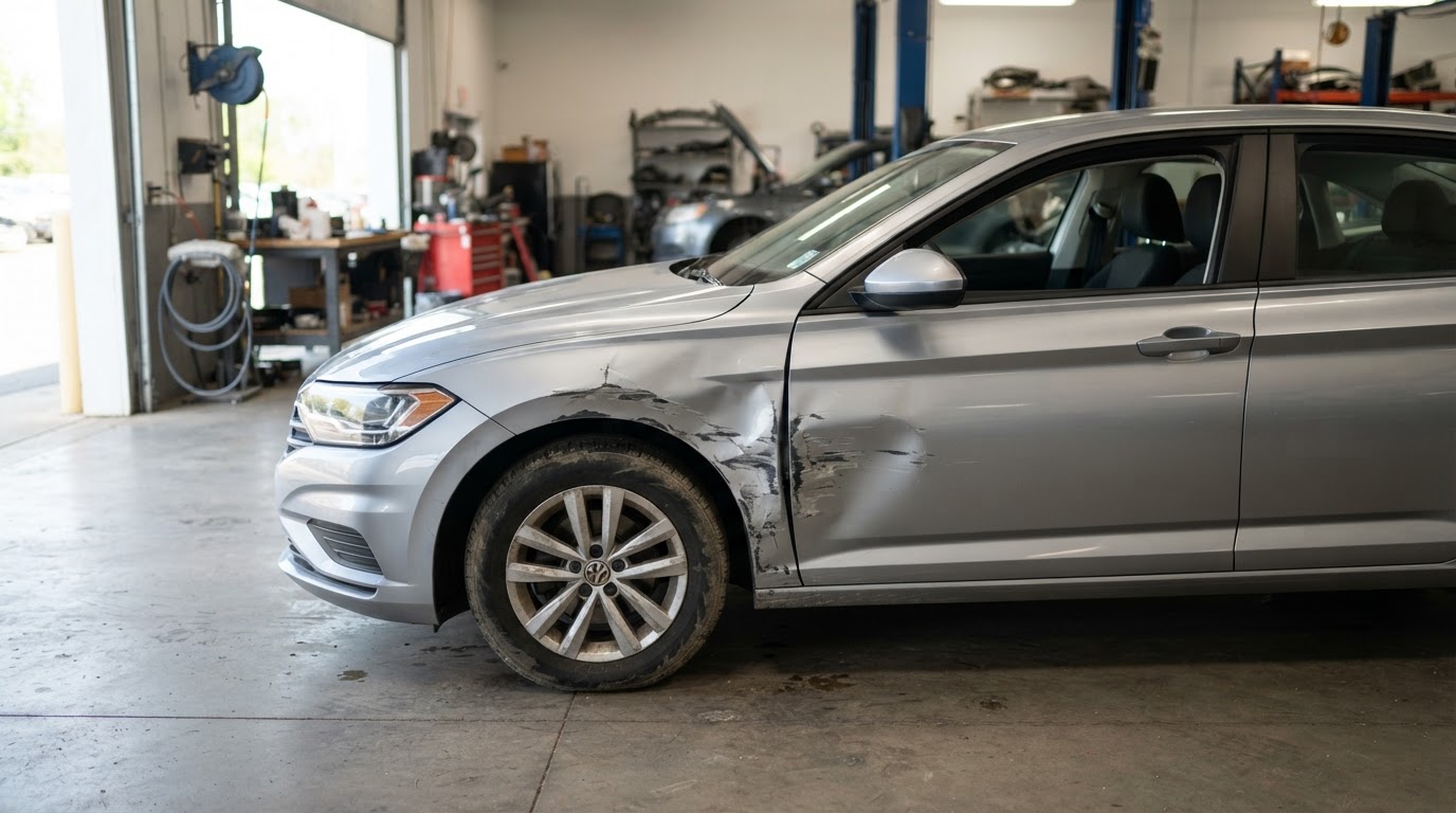 Dented car fender after a collision requiring auto body repair in Gardena, California