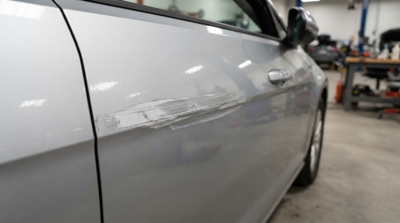 Parking lot car scratch and paint damage being assessed for repair in Gardena, California
