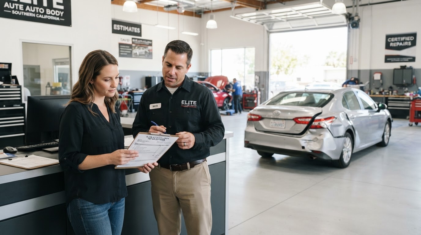 Reviewing a collision repair estimate and insurance deductible details at Corner Collision Center in Gardena, California