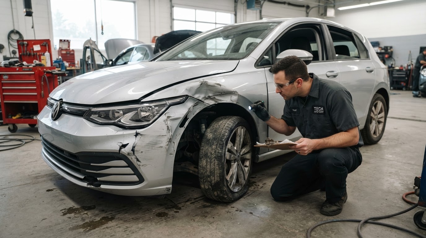 Vehicle with front wheel-area collision damage being assessed at an auto body shop in Gardena, California
