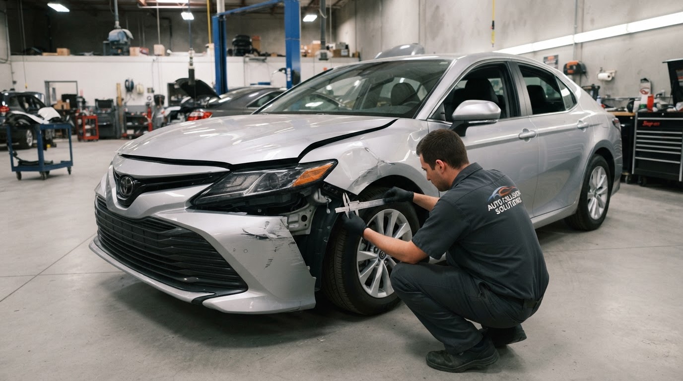 Vehicle undergoing structural collision damage assessment at an auto body repair shop in Gardena, California