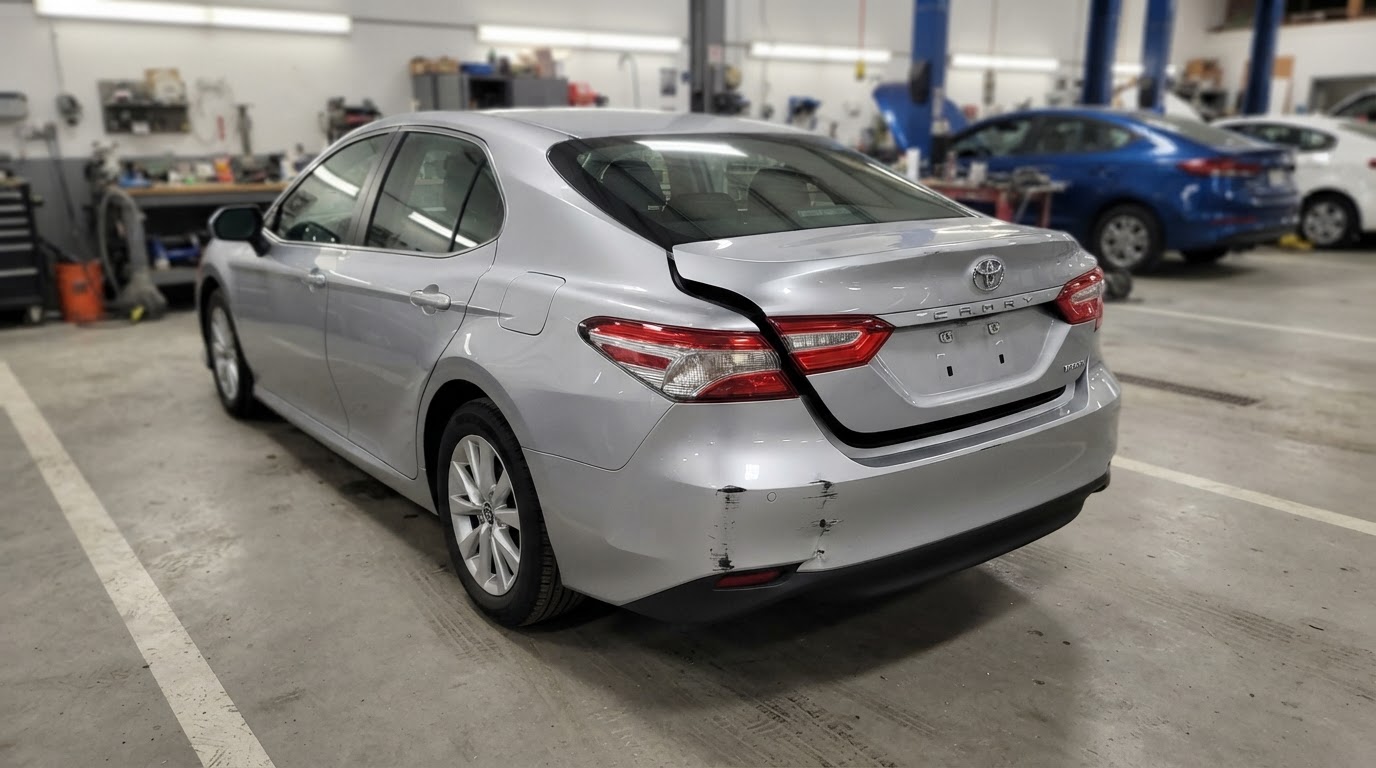 Misaligned car trunk after rear-end collision being assessed for repair in Gardena, California