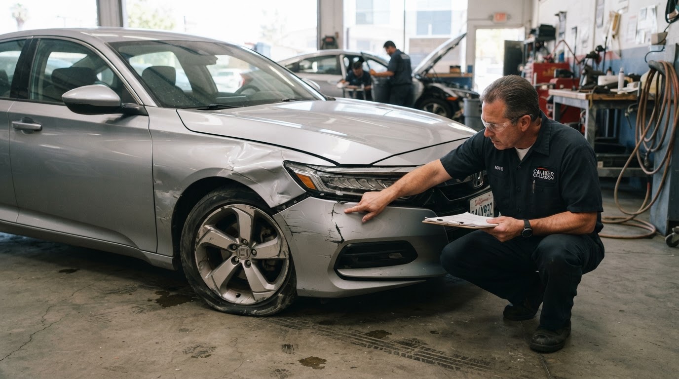 Collision repair estimator inspecting vehicle damage while an insurance claim is pending in Gardena, California
