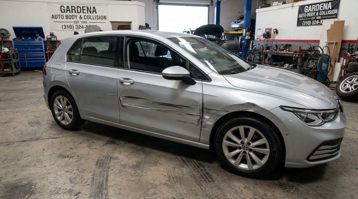 Vehicle with sideswipe collision damage across the door and fender being assessed for repair in Gardena, California
