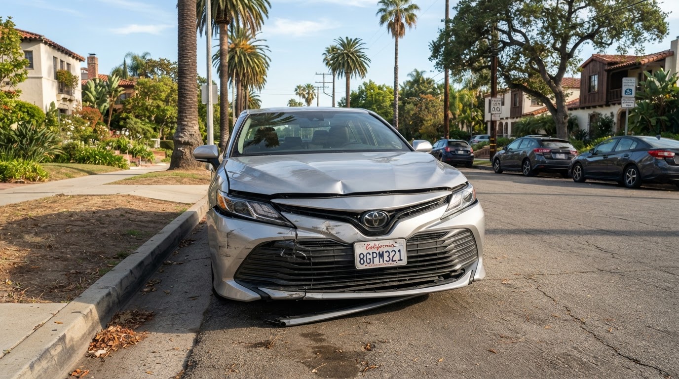 Front bumper damage after a front-end collision in Gardena, California