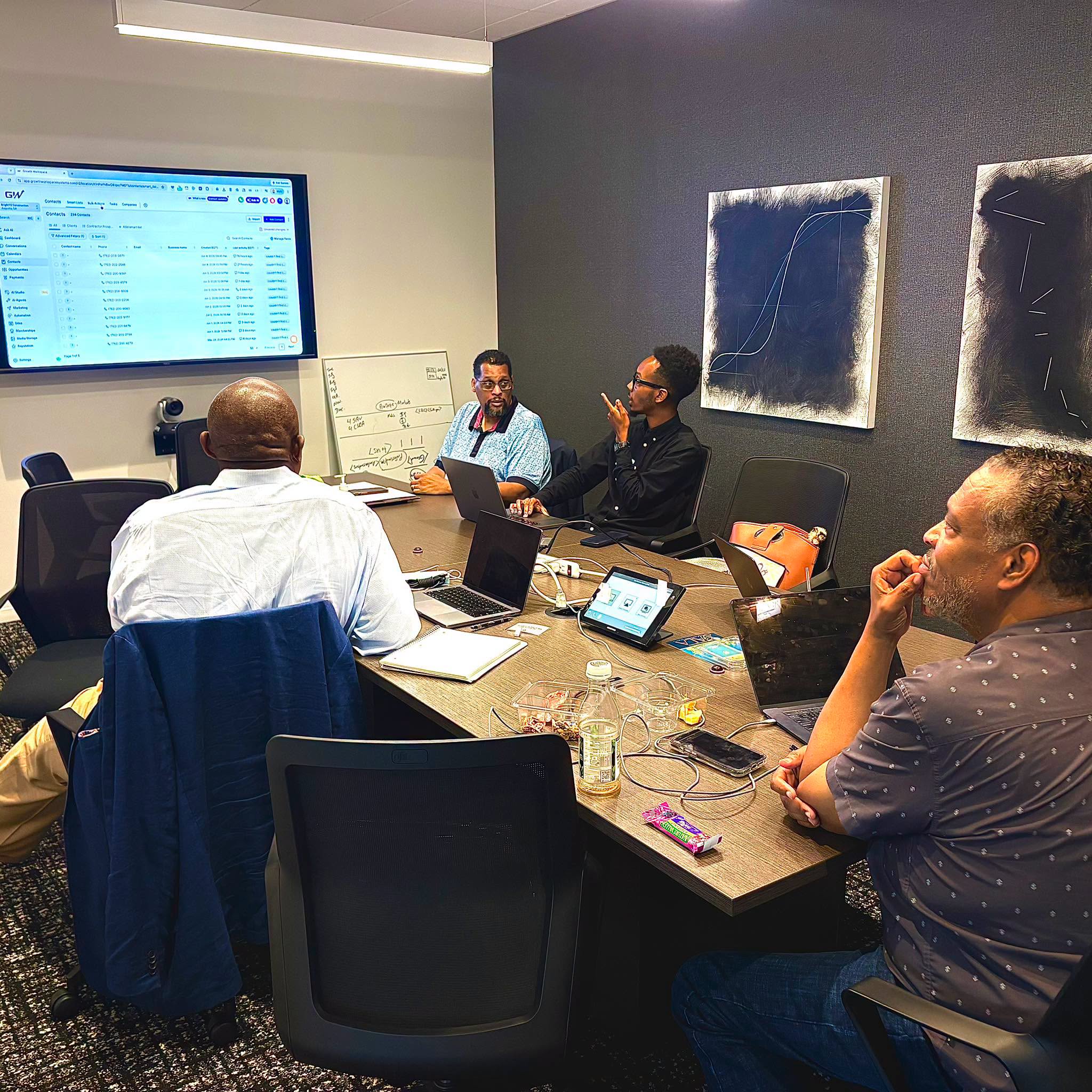 Growth Workspace team meeting around a table discussing system strategy